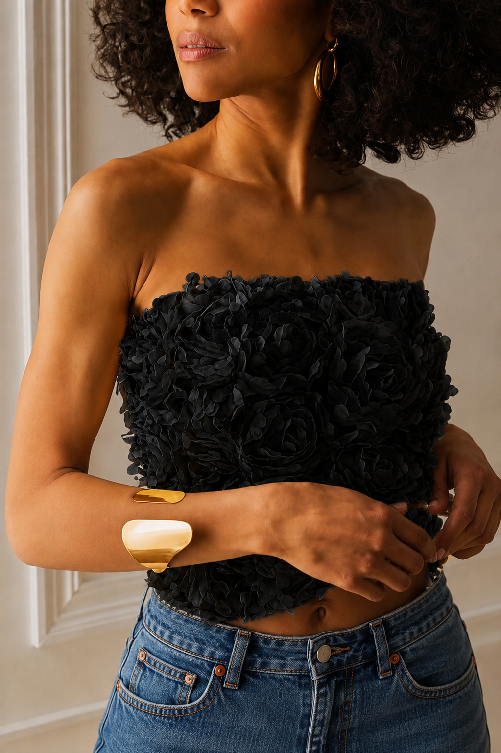 Black 3D Floral Bandeau Top