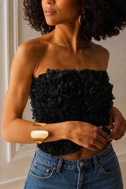 Black 3D Floral Bandeau Top