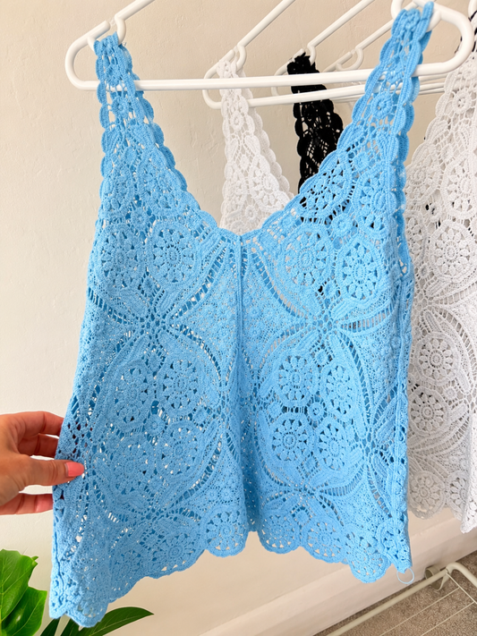 Sky Blue Cotton Crochet V-Neck Vest Top