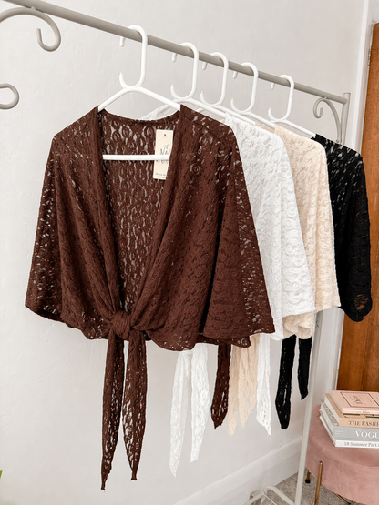 White Lace Tie Front Bolero Cardigan