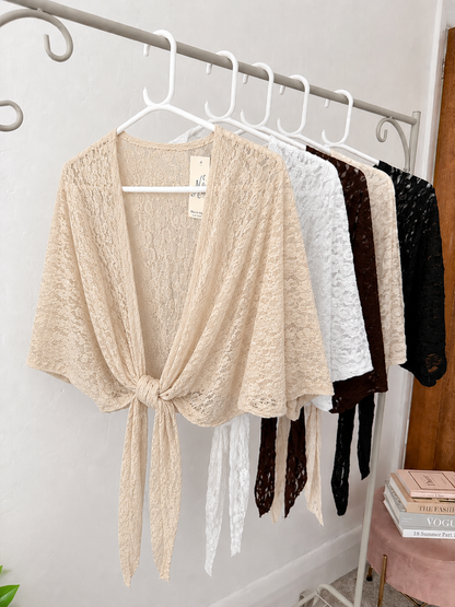 White Lace Tie Front Bolero Cardigan