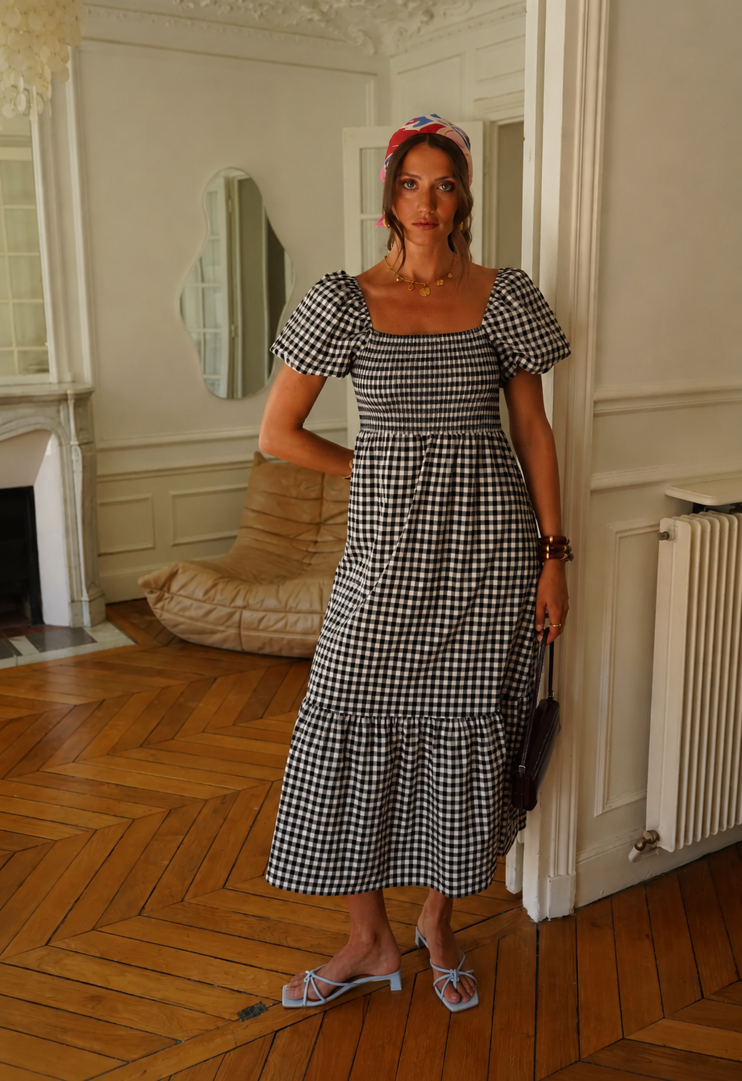 Black/White Gingham Bardot Maxi Dress