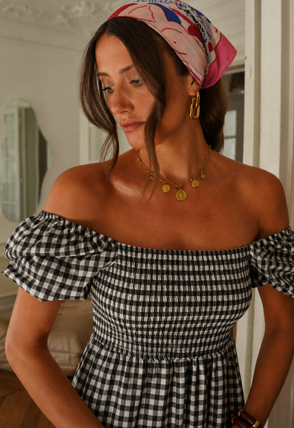Black/White Gingham Bardot Maxi Dress