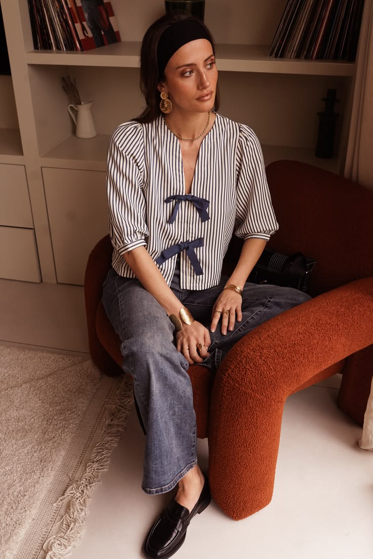 Navy Stripe Tie Front Puff Sleeve Blouse