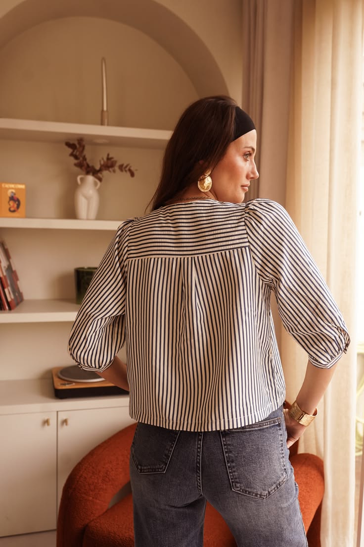 Navy Stripe Tie Front Puff Sleeve Blouse