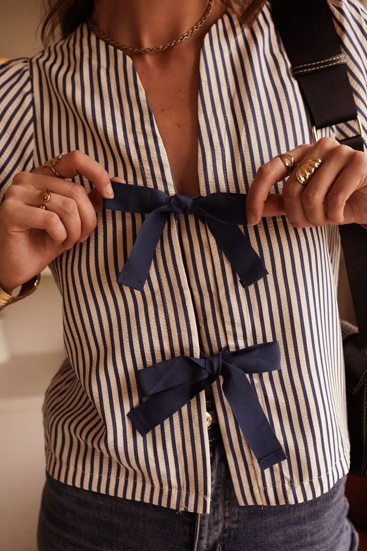 Navy Stripe Tie Front Puff Sleeve Blouse
