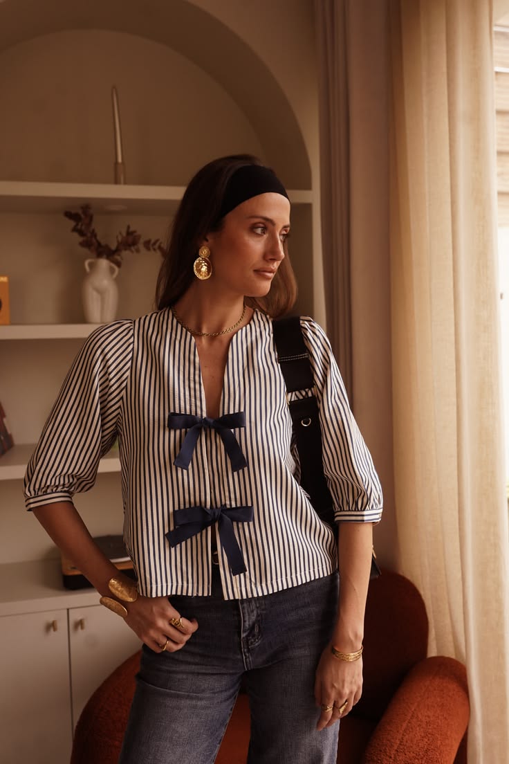 Navy Stripe Tie Front Puff Sleeve Blouse