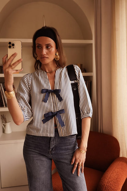 Navy Stripe Tie Front Puff Sleeve Blouse