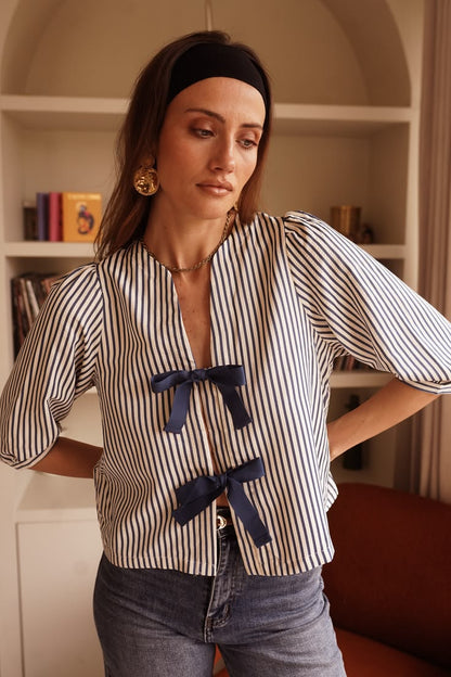 Navy Stripe Tie Front Puff Sleeve Blouse