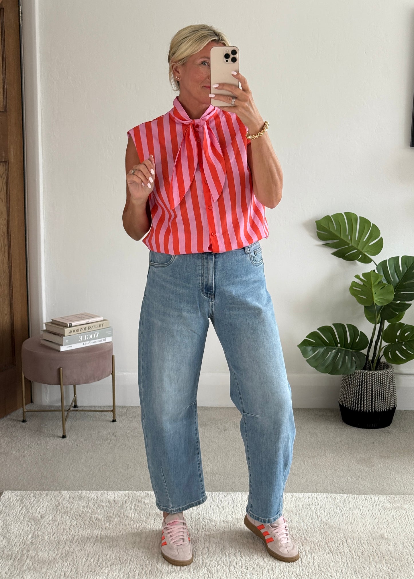 Pink/Orange Stripe Tie-Neck Blouse