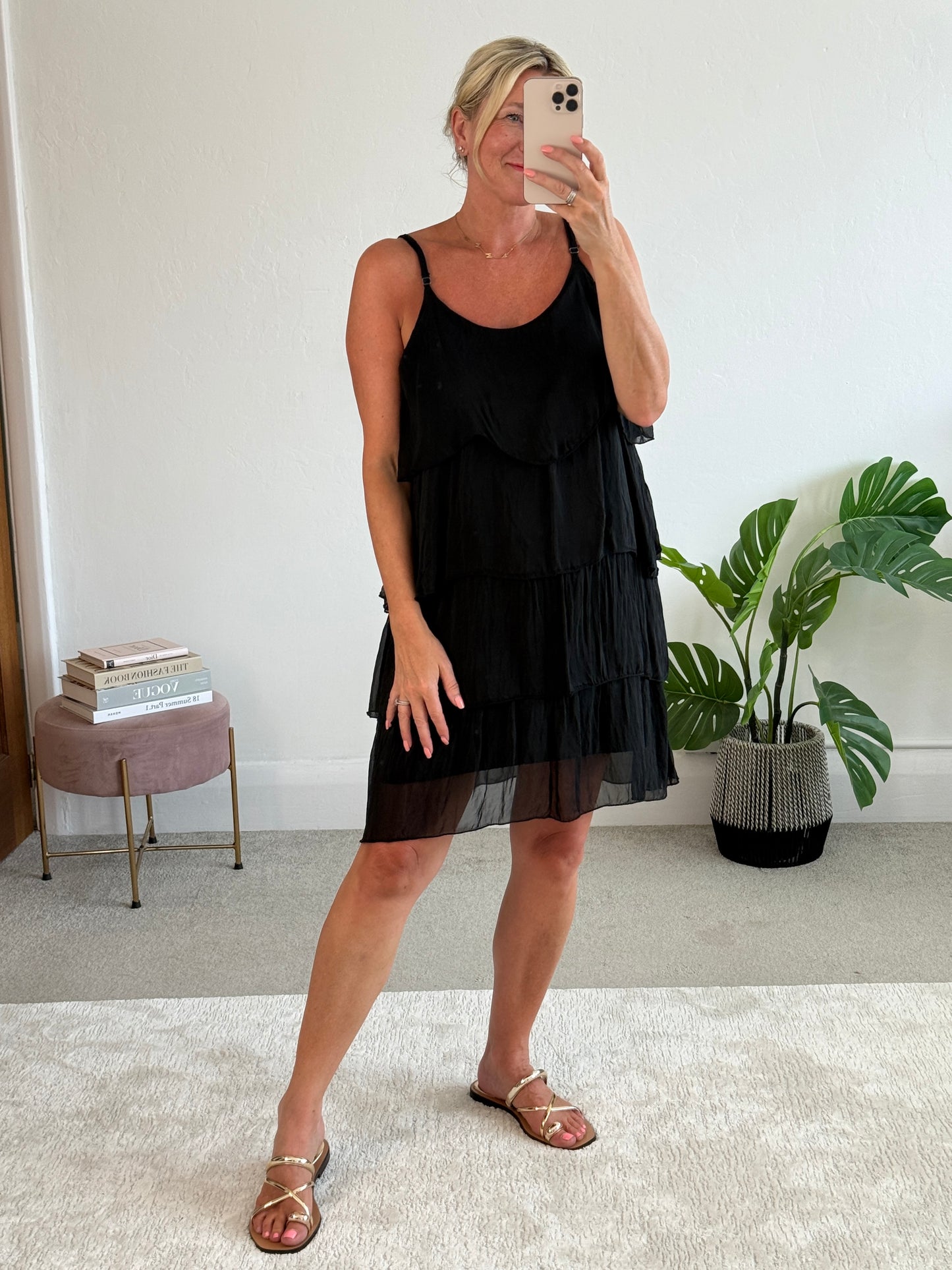 Black Silk Mix Strappy Frill Dress