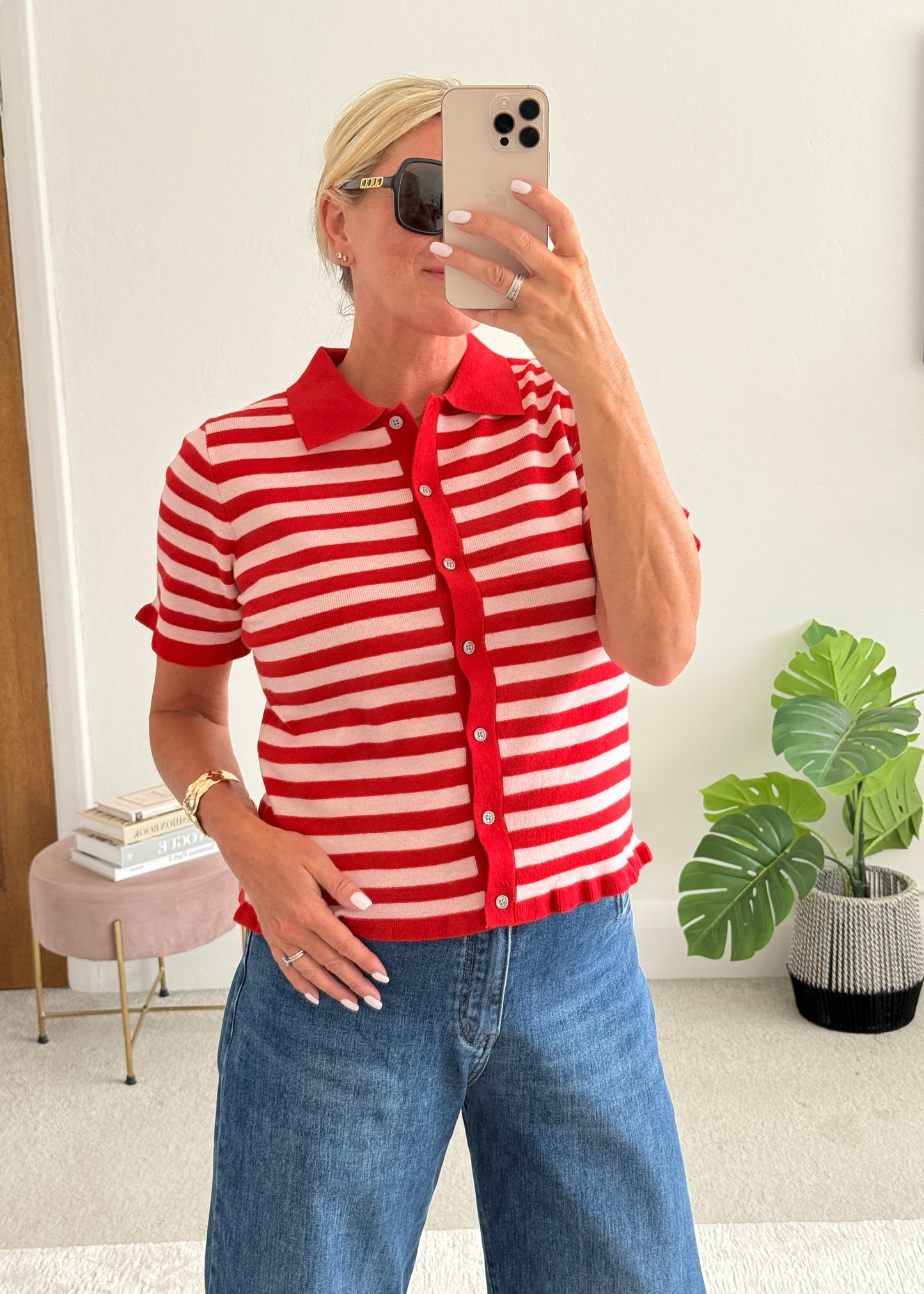 Pink/Red Stripe Knit Polo S/S Cardigan