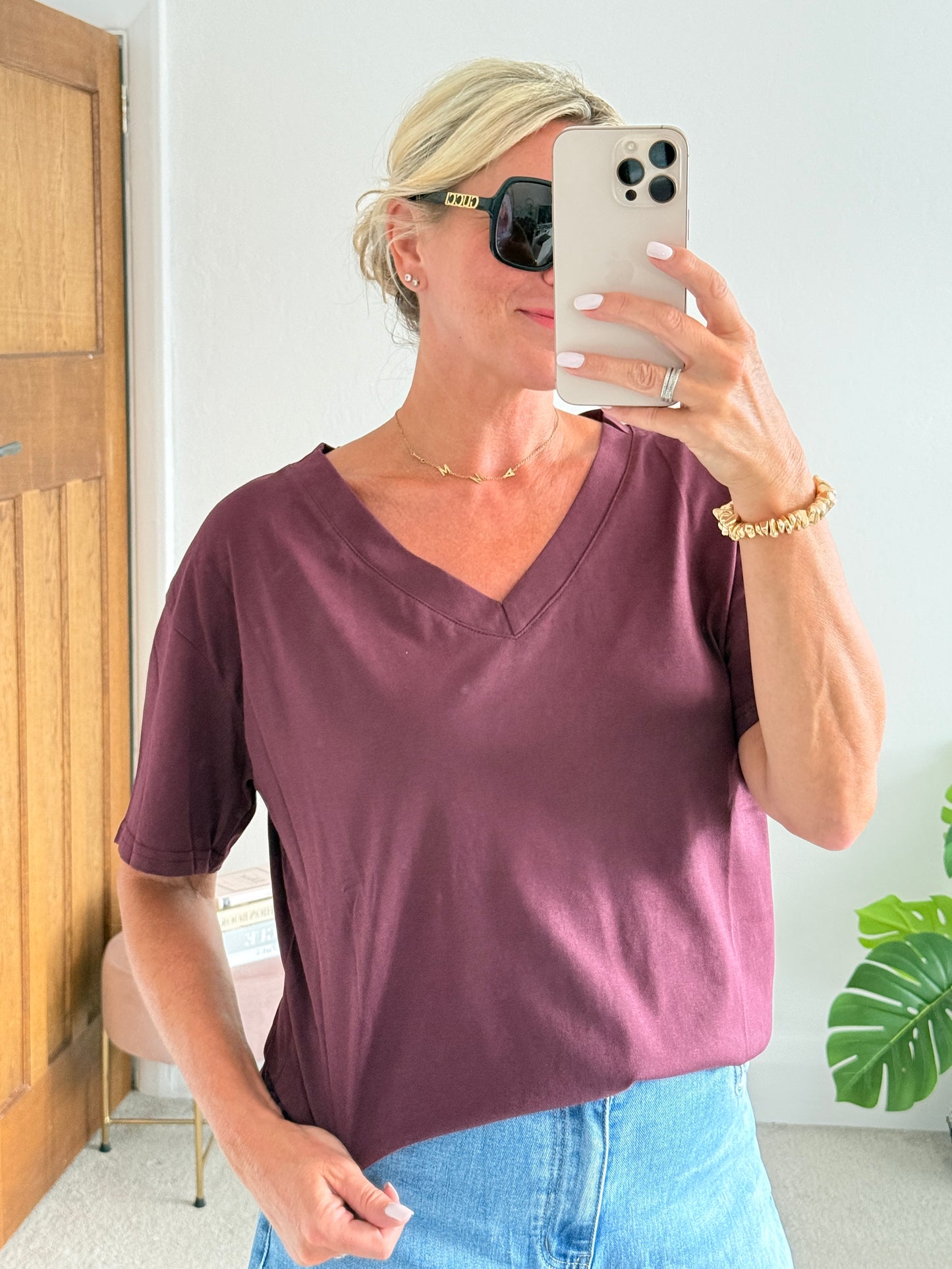 Plum Relaxed V-Neck T-Shirt