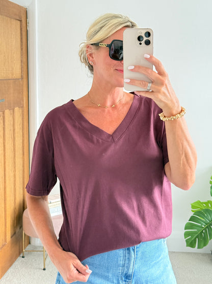 Plum Relaxed V-Neck T-Shirt
