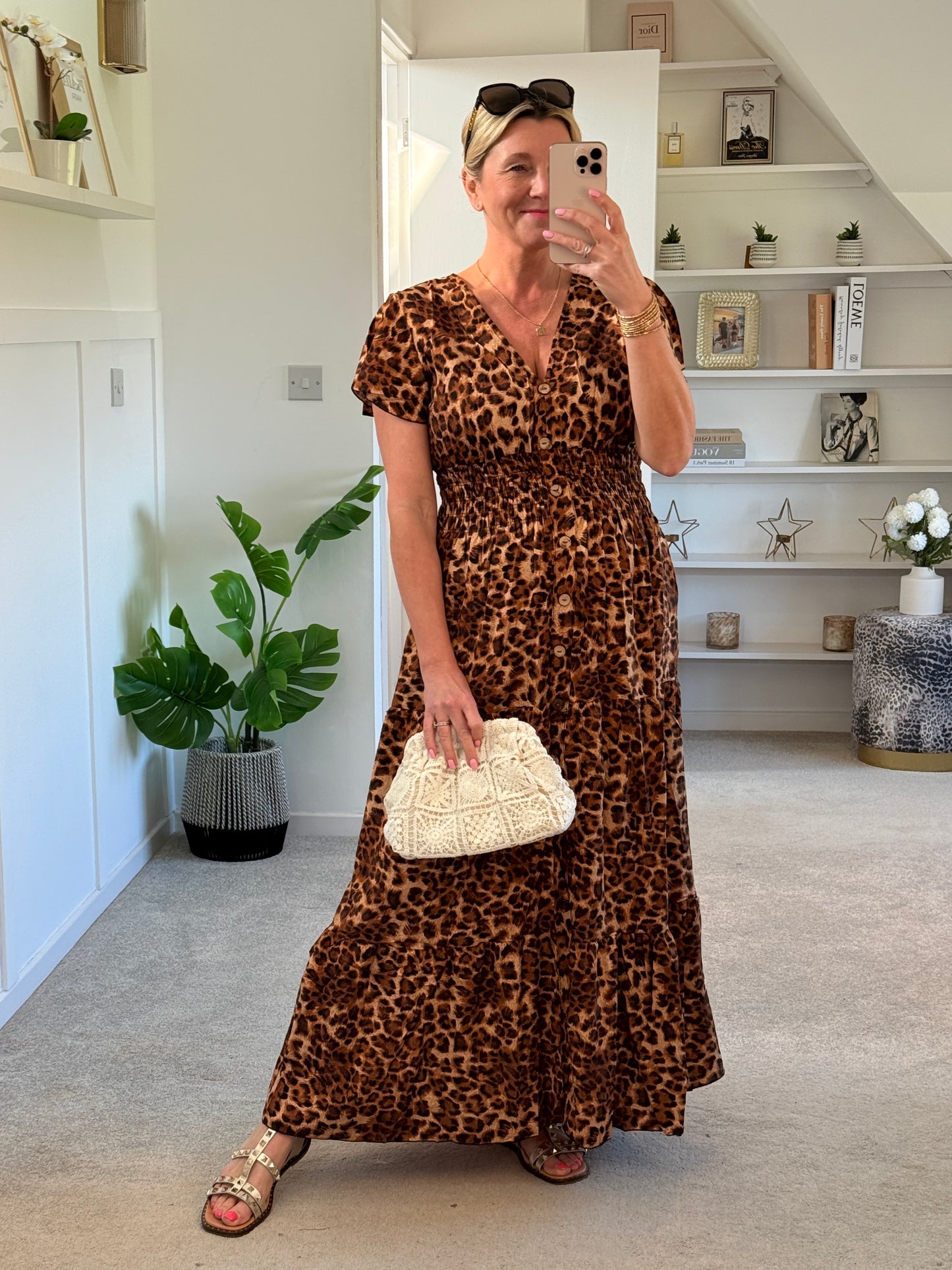 Tan Leopard V Neck Tiered Maxi Dress