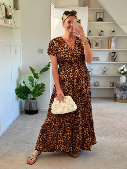 Tan Leopard V Neck Tiered Maxi Dress