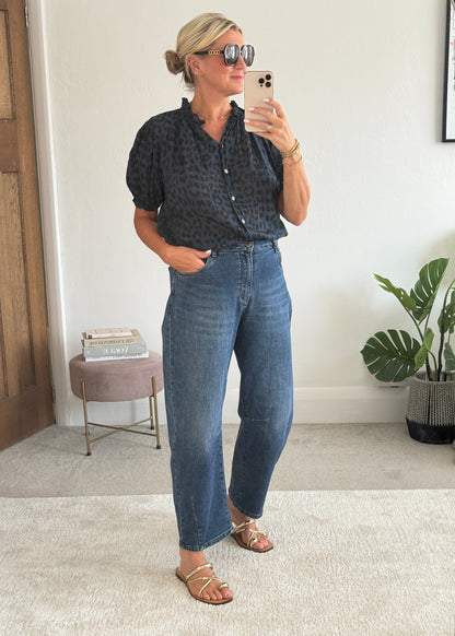 Navy Leopard Puff Sleeve Blouse