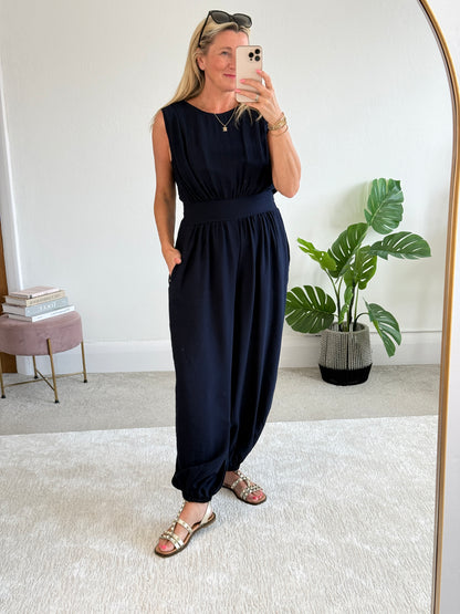 Navy Elasticated Sleeveless Harem Jumpsuit