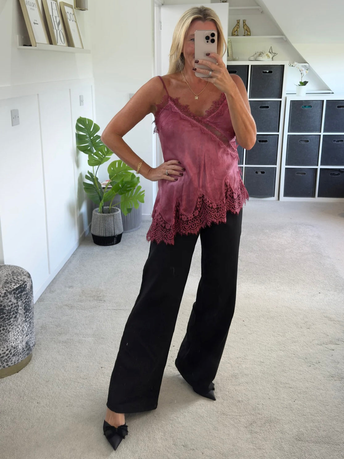 Burgundy Satin Lace Asymmetric Cami Top