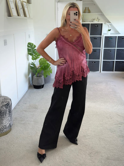 Burgundy Satin Lace Asymmetric Cami Top