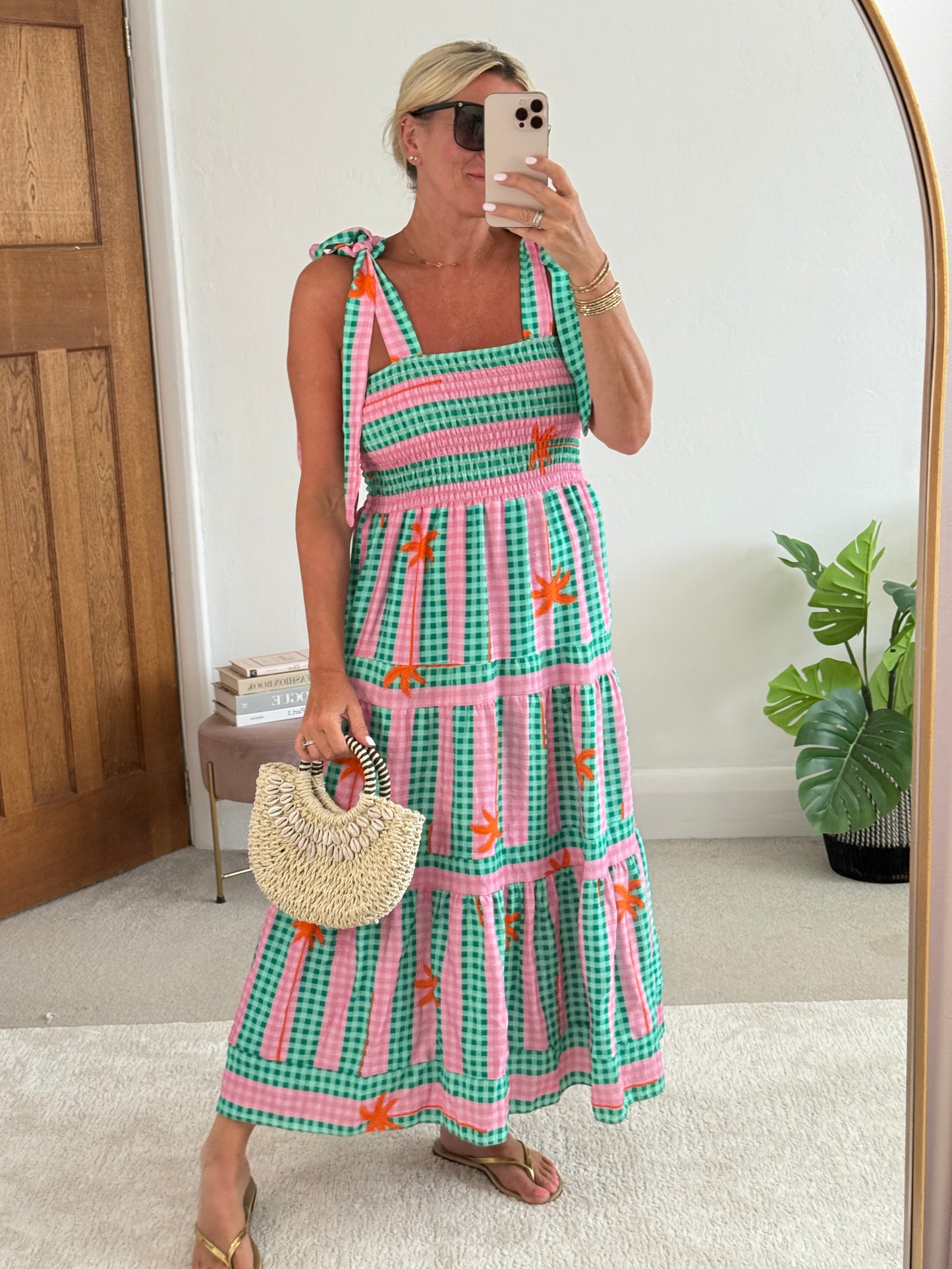Green/Pink Gingham/Palm Shirred Maxi Dress