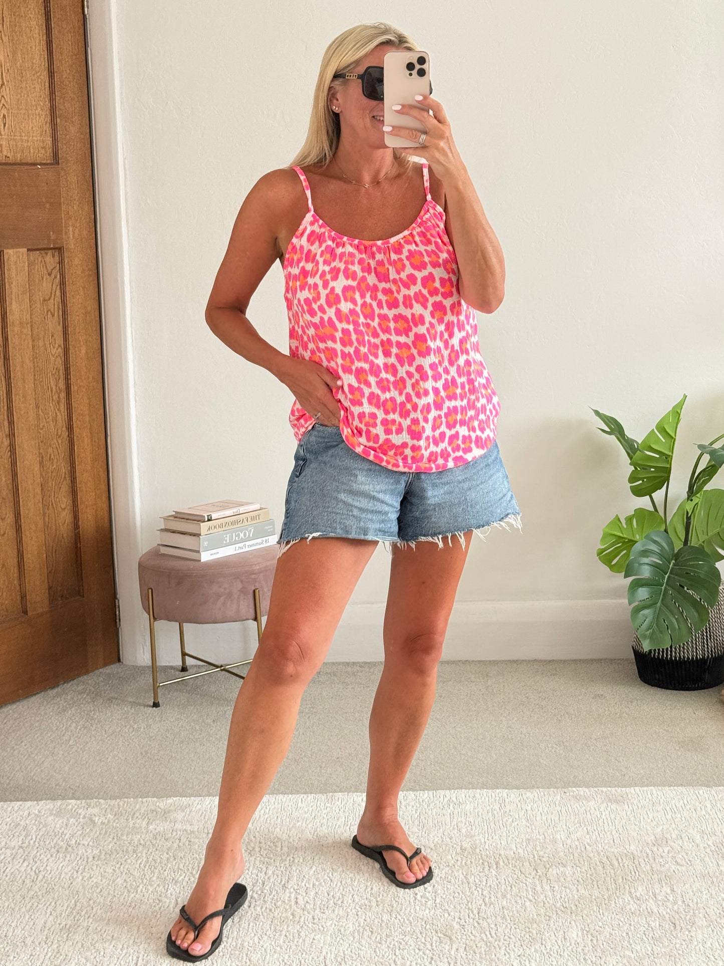 Pink/Neon Orange Leopard Print Cheesecloth Cami Top