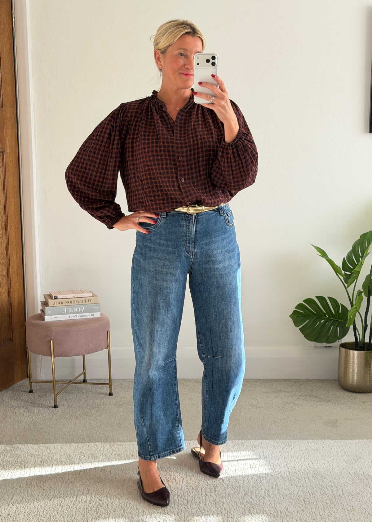 Burgundy Heritage Check Frill Collar Blouse