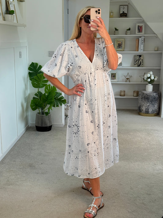 White Paisley Print Cheesecloth Midi Dress