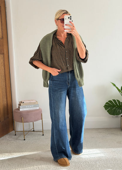 Khaki Heritage Check Frill Collar Blouse