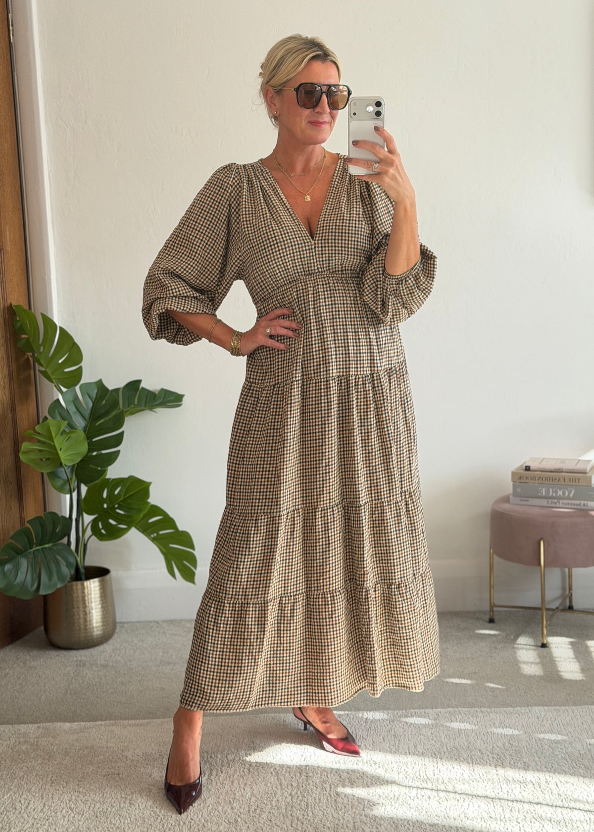 Cream Heritage Check V-Neck Tiered Dress