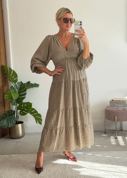 Cream Heritage Check V-Neck Tiered Dress