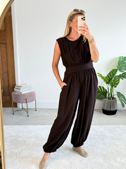 Chocolate Elasticated Sleeveless Harem Jumpsuit