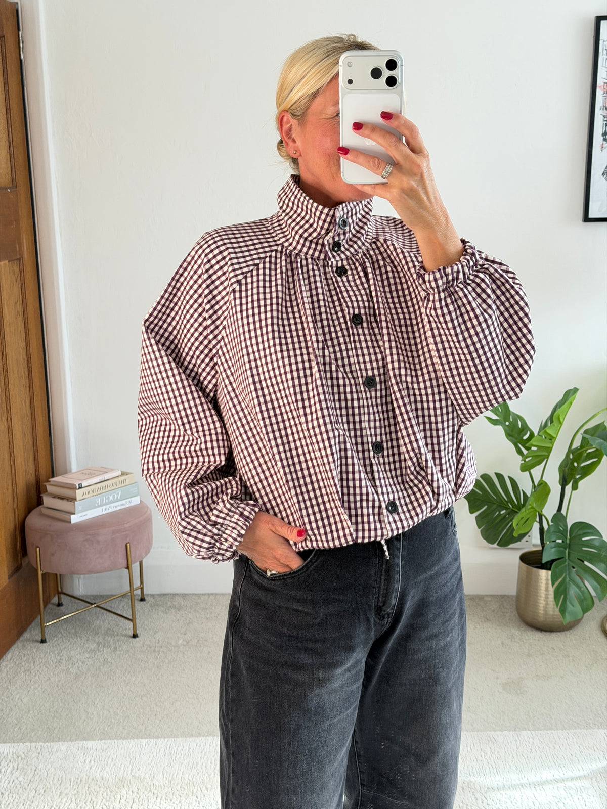 Plum Check Funnel Neck Jacket