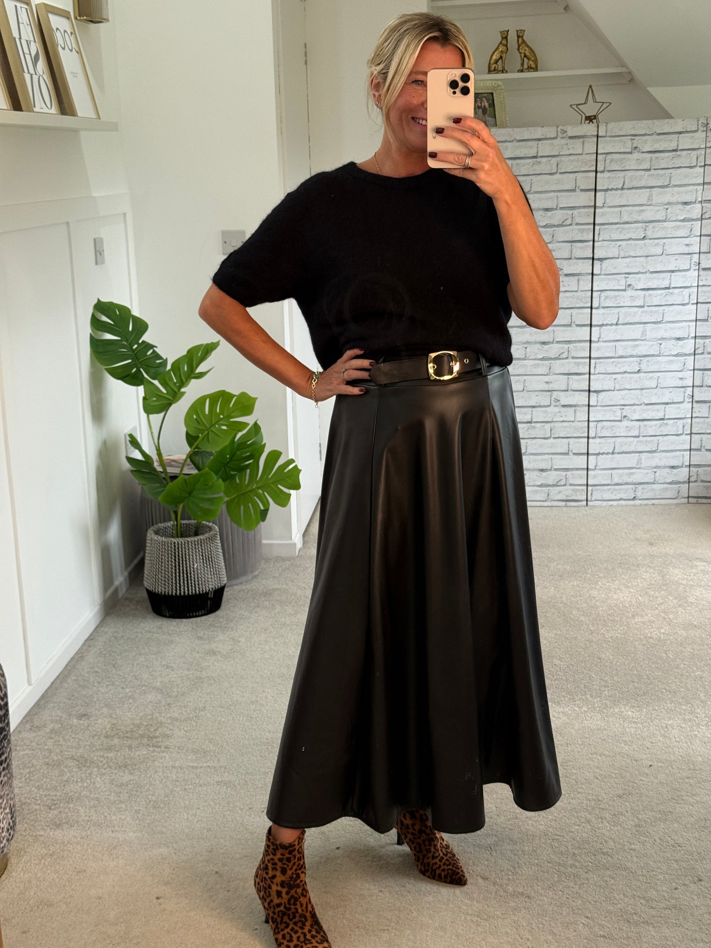 Black Pleather Midi Skirt