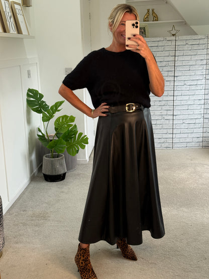 Black Pleather Midi Skirt