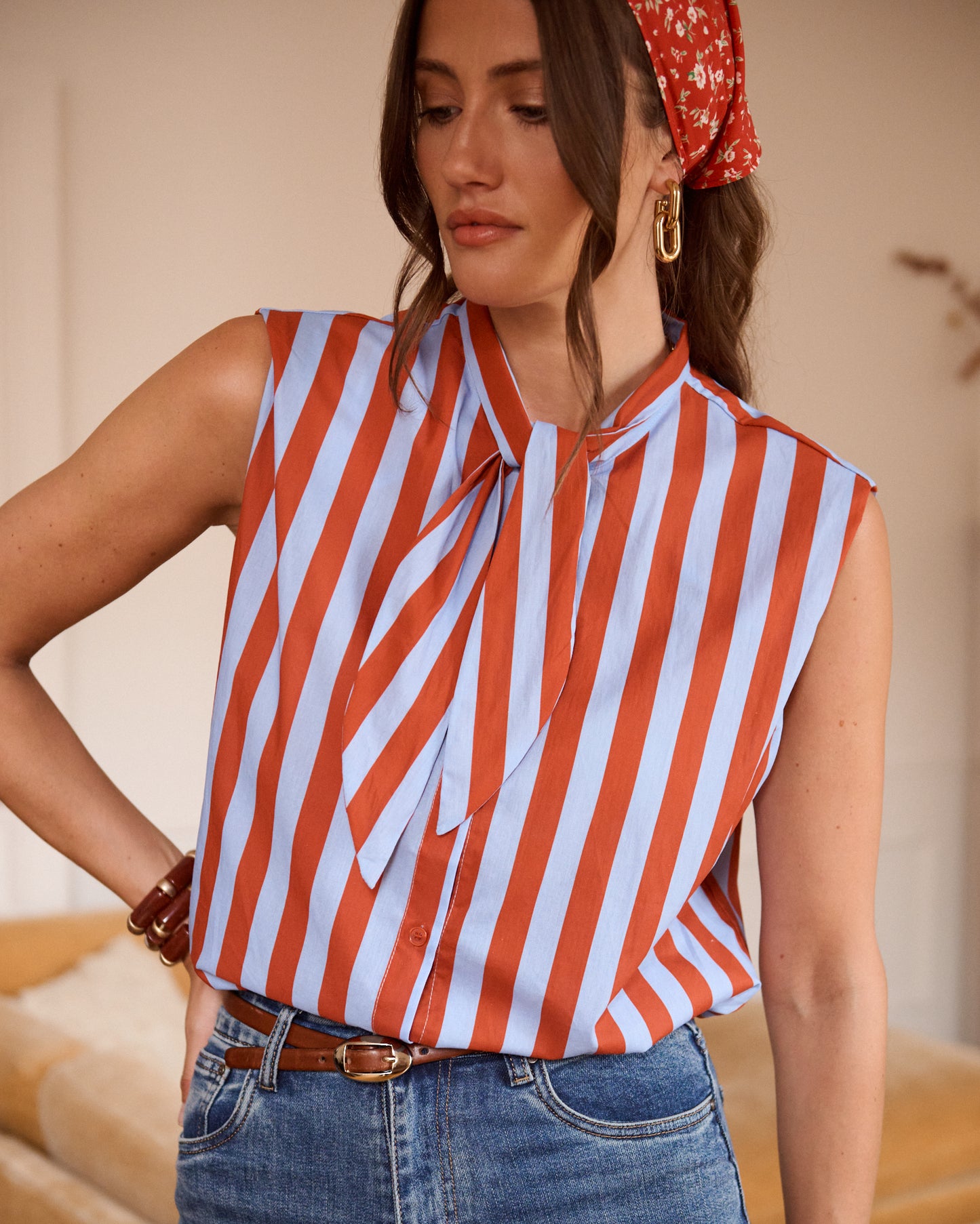Cornflower Blue Stripe Tie-Neck Blouse