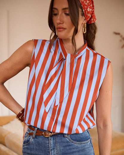 Cornflower Blue Stripe Tie-Neck Blouse