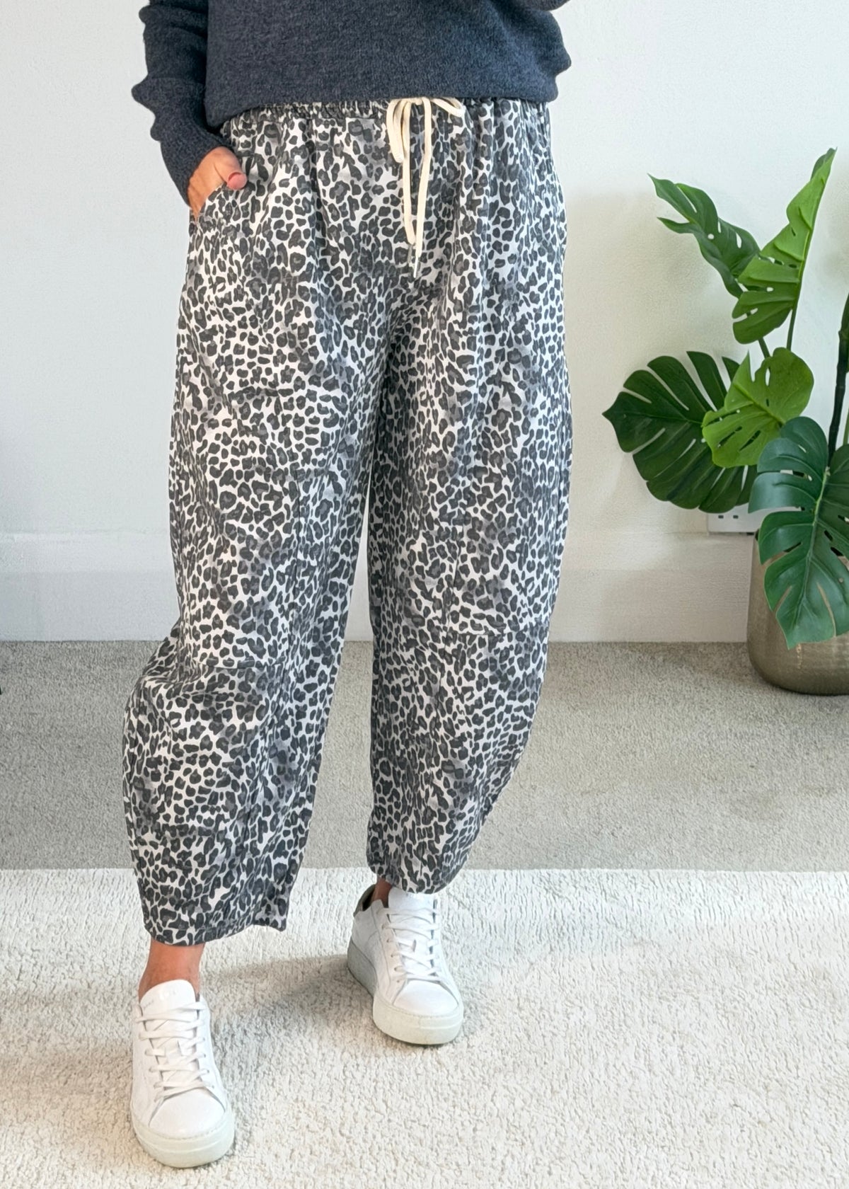 Grey Leopard Barrel Joggers
