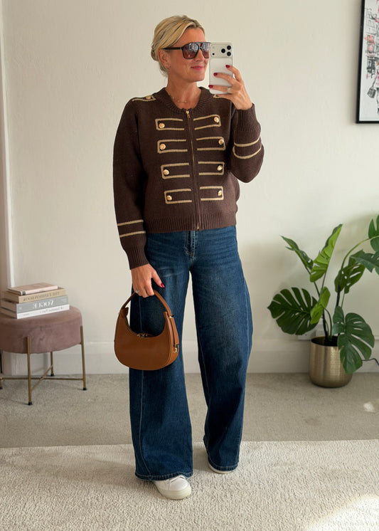 Chocolate Military Zip Front Knitted Cardi