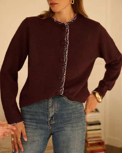 Plum/Pink Floral Frill Trim Cardigan