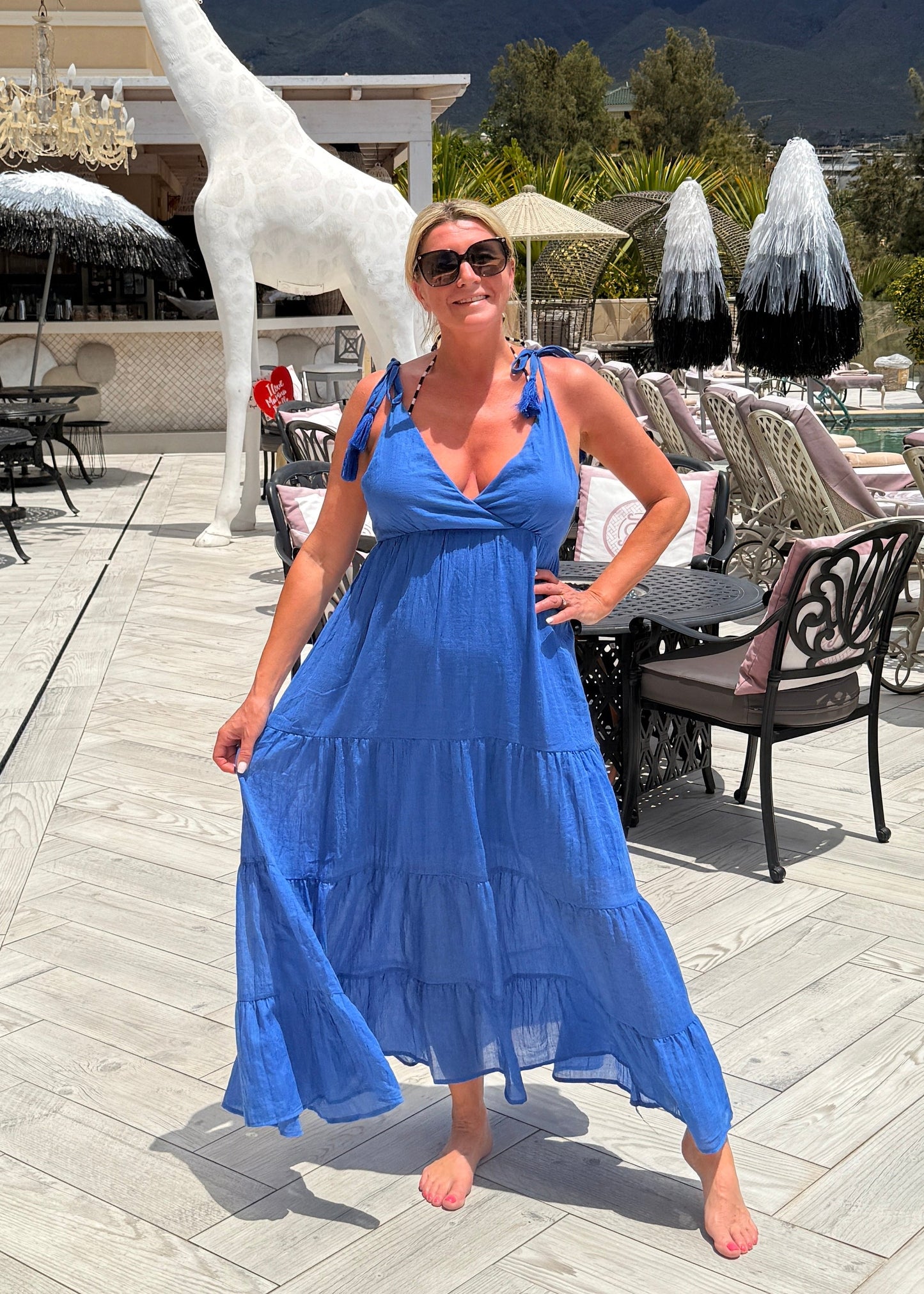 Cobalt Blue Tie Strap Tiered Maxi Dress