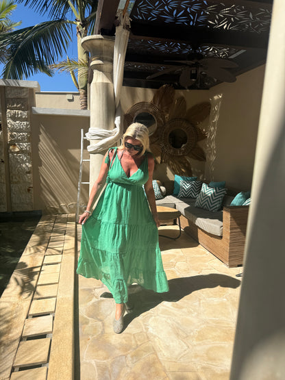 Kelly Green Tie Strap Tiered Maxi Dress