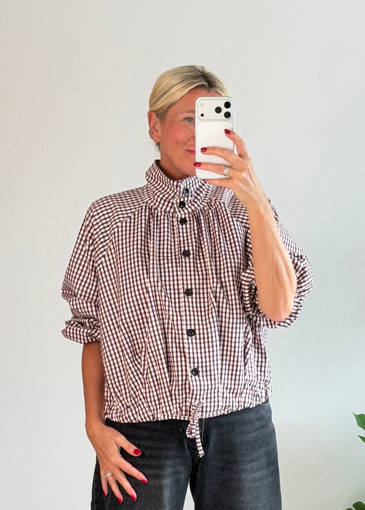 Plum Check Funnel Neck Jacket