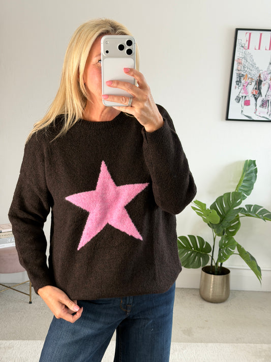 Chocolate/Pink Star Crew Neck Jumper