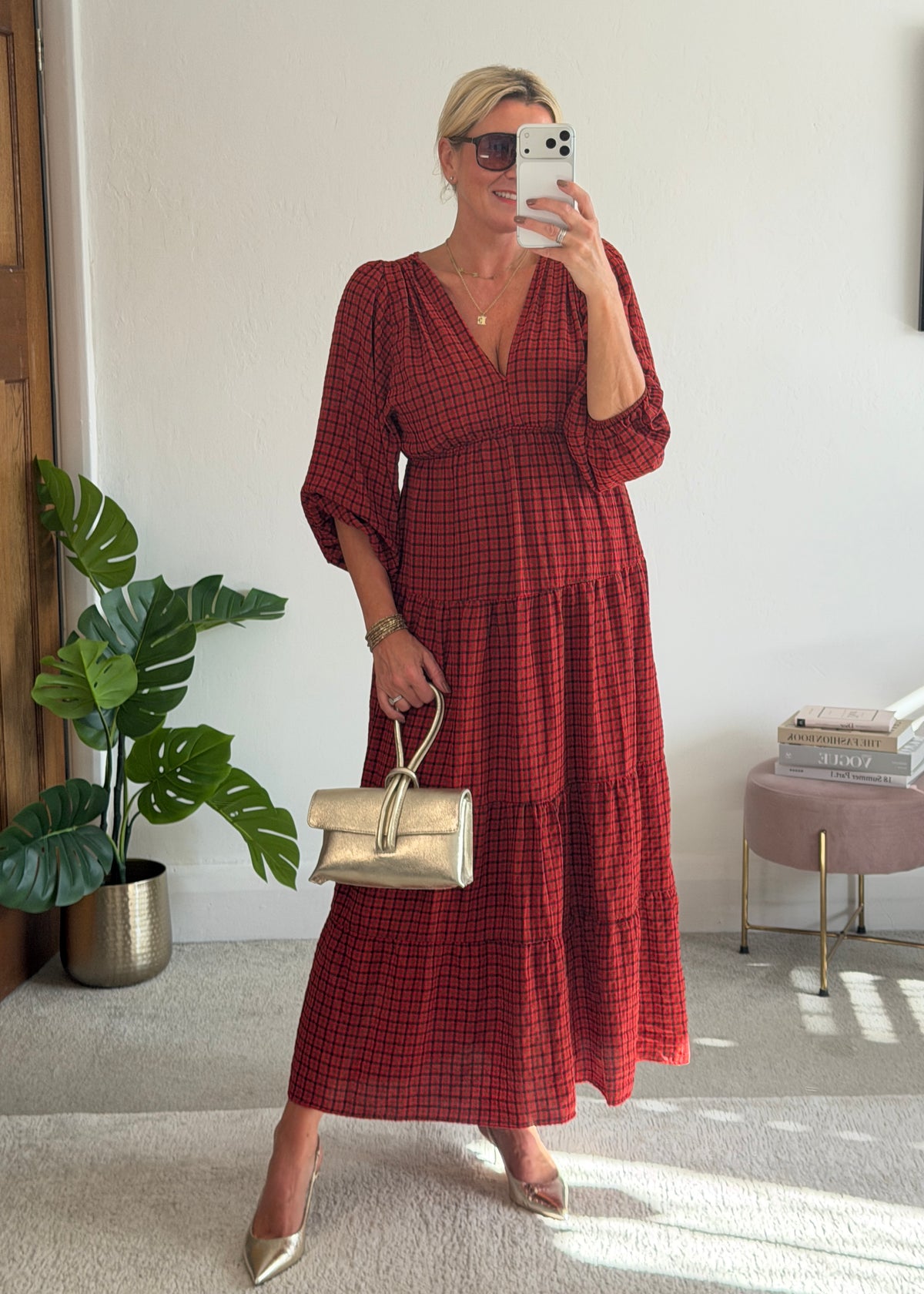 Red Heritage Check V-Neck Tiered Dress