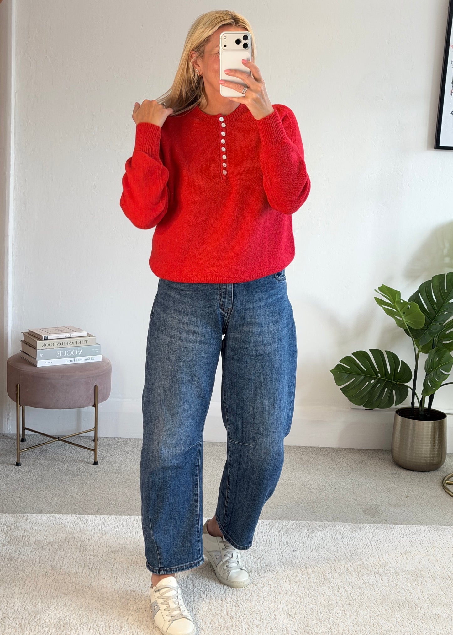 Red Alpaca Mix Button Jumper
