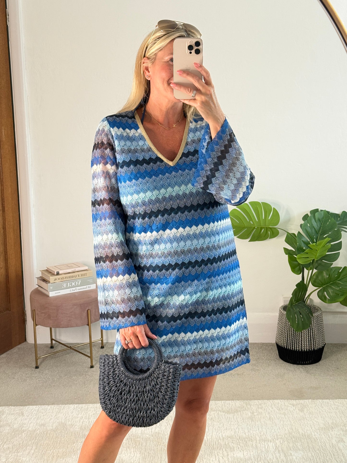 Blue Wavy Crochet Shift Dress