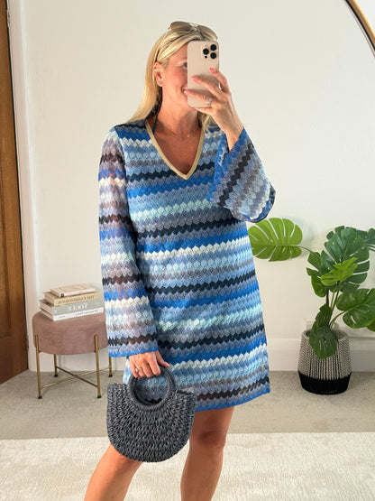 Blue Wavy Crochet Shift Dress