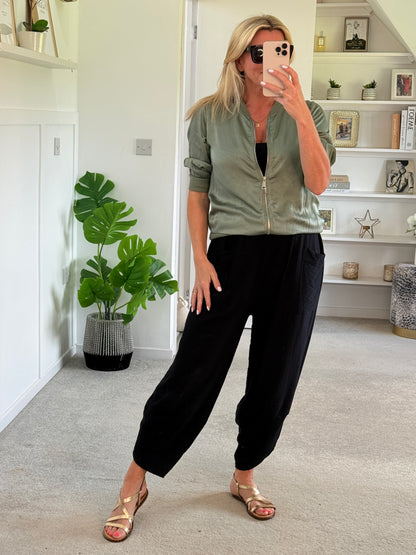 Khaki Silk Mix 1/2 Sleeve Bomber Jacket