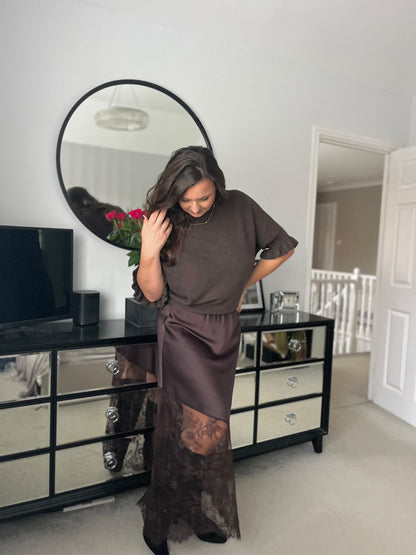 Chocolate Satin Asymmetric Lace Detail Maxi Slip Skirt